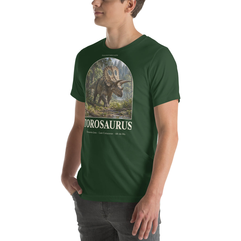 Torosaurus T-shirt in Forest, left front view — Deep Time Atlas Plate 067, PaleoThreads