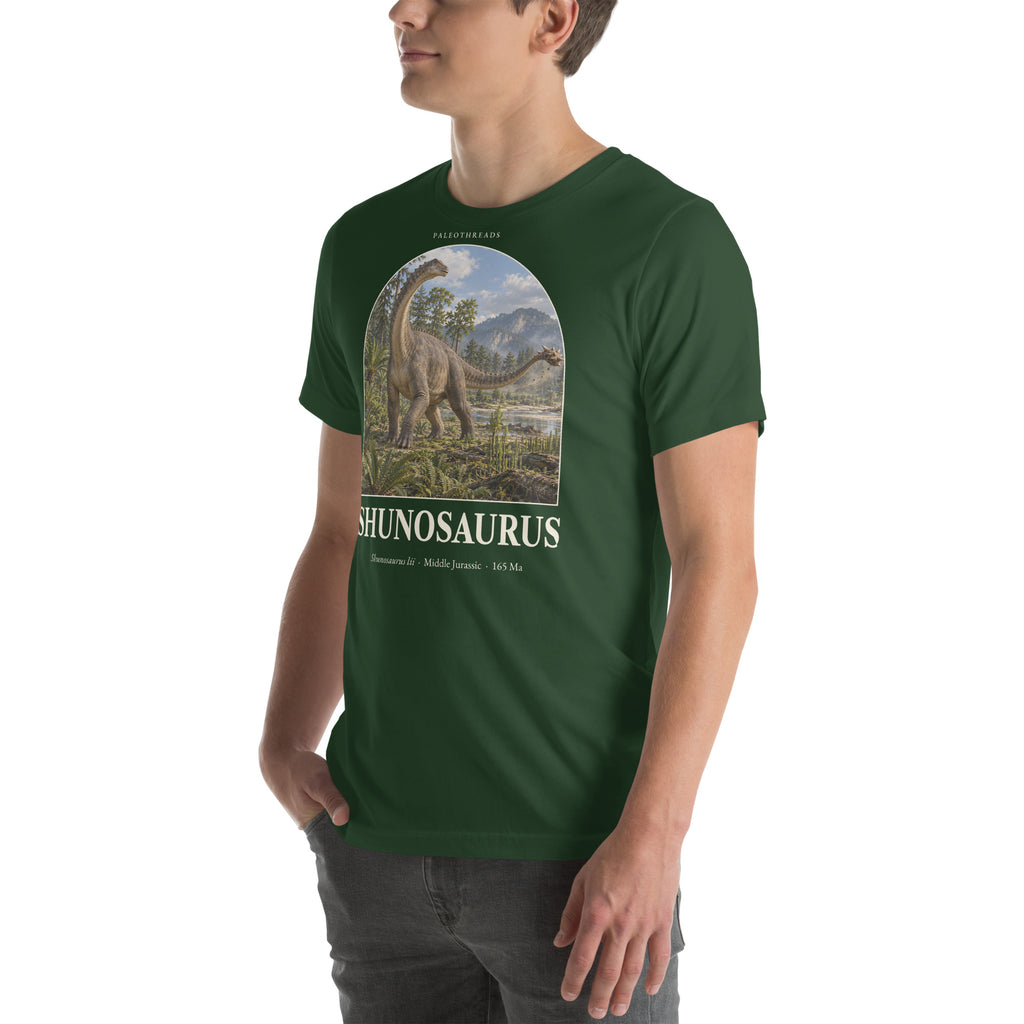 Shunosaurus T-shirt in Forest, left front view — Deep Time Atlas Plate 058, PaleoThreads