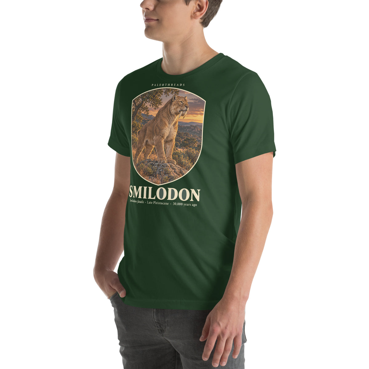 Smilodon T-shirt in Forest, left front view — Deep Time Atlas Plate 008, PaleoThreads