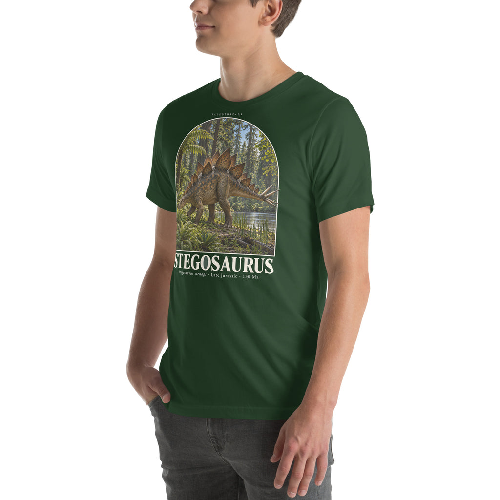 Stegosaurus T-shirt in Forest, left front view — Deep Time Atlas Plate 004, PaleoThreads