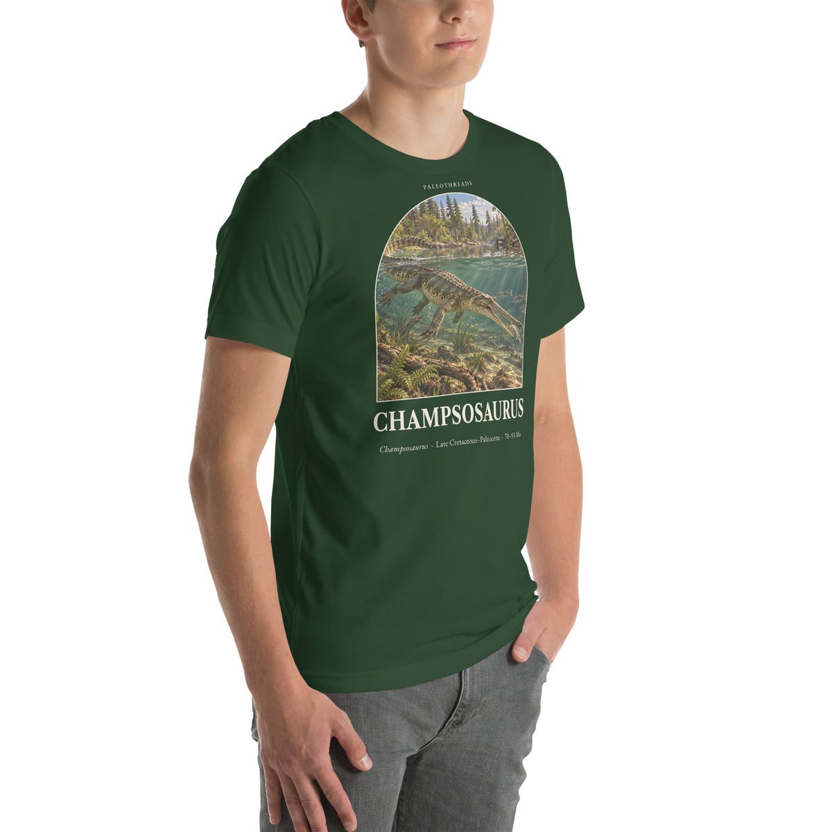 Champsosaurus T-shirt in Forest, right front view — Deep Time Atlas Plate 127, PaleoThreads