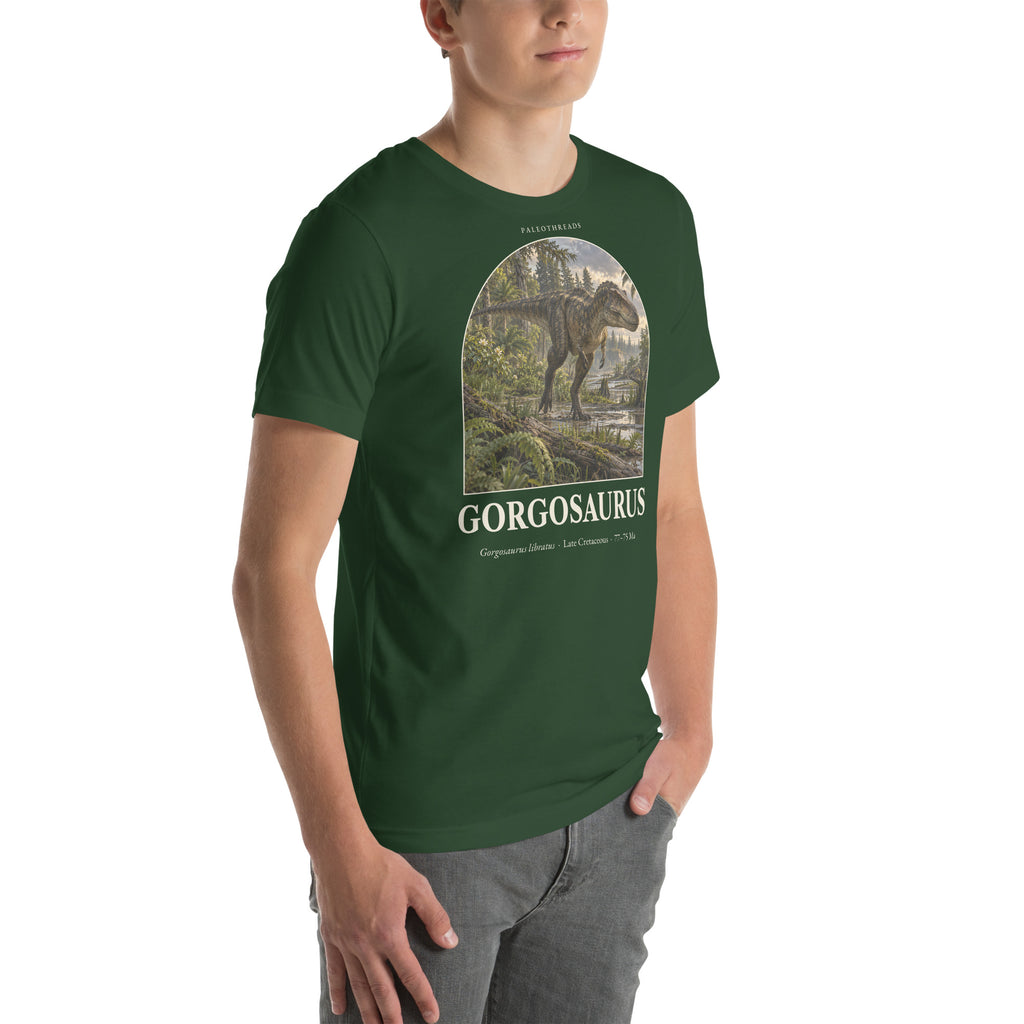 Gorgosaurus T-shirt in Forest, right front view — Deep Time Atlas Plate 022, PaleoThreads