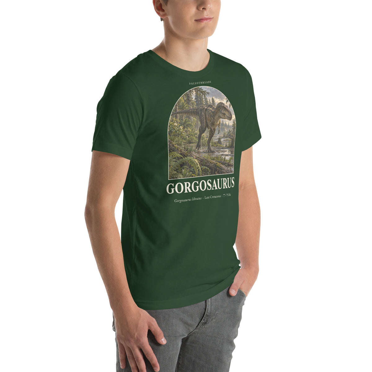 Gorgosaurus T-shirt in Forest, right front view — Deep Time Atlas Plate 022, PaleoThreads