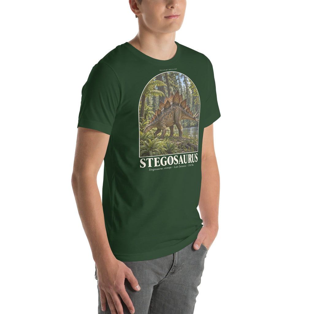 Stegosaurus T-shirt in Forest, right front view — Deep Time Atlas Plate 004, PaleoThreads