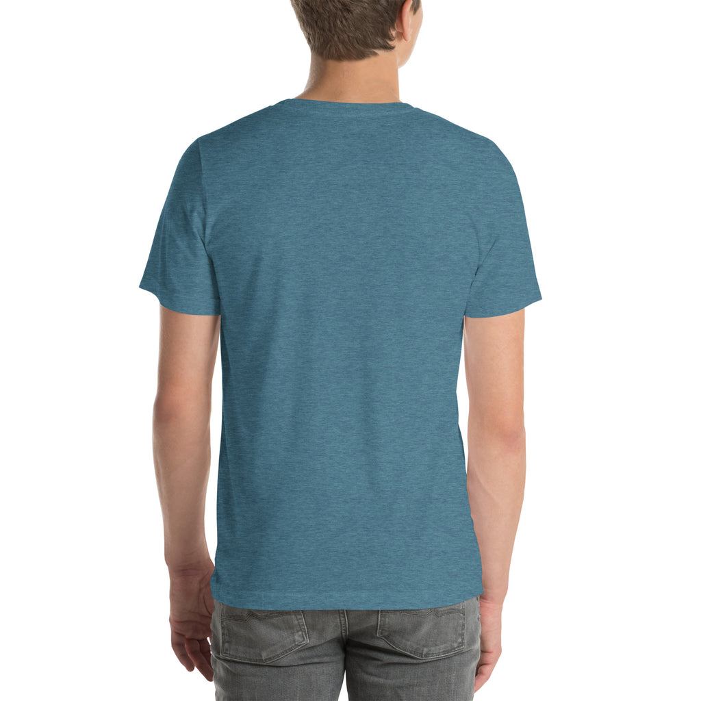 Elasmosaurus T-shirt in Heather Deep Teal, back view — Deep Time Atlas Plate 107, PaleoThreads