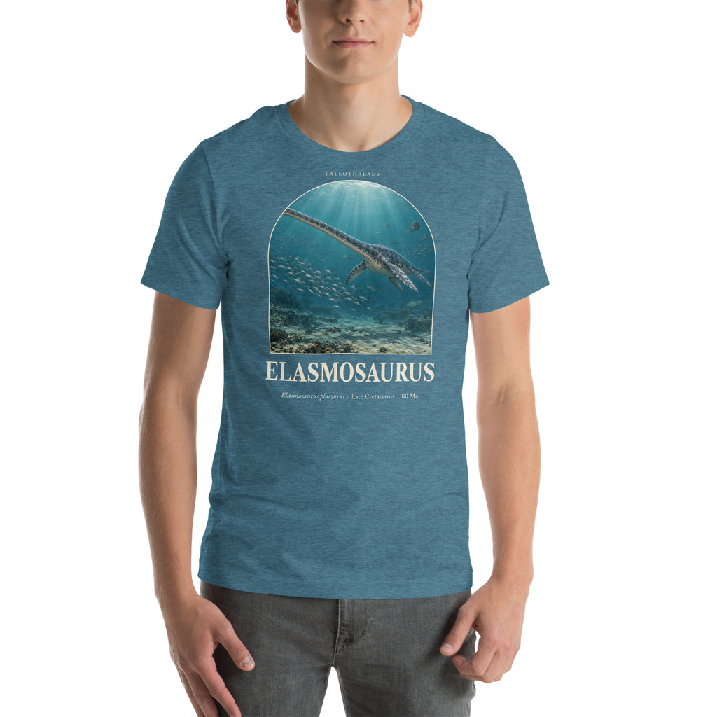 Elasmosaurus T-shirt in Heather Deep Teal — Deep Time Atlas Plate 107, PaleoThreads