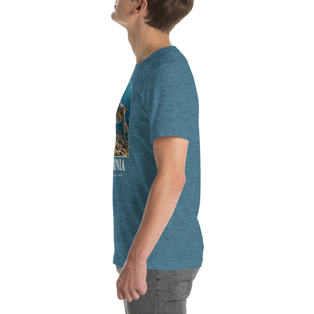 Opabinia T-shirt in Heather Deep Teal, left view — Deep Time Atlas Plate 139, PaleoThreads