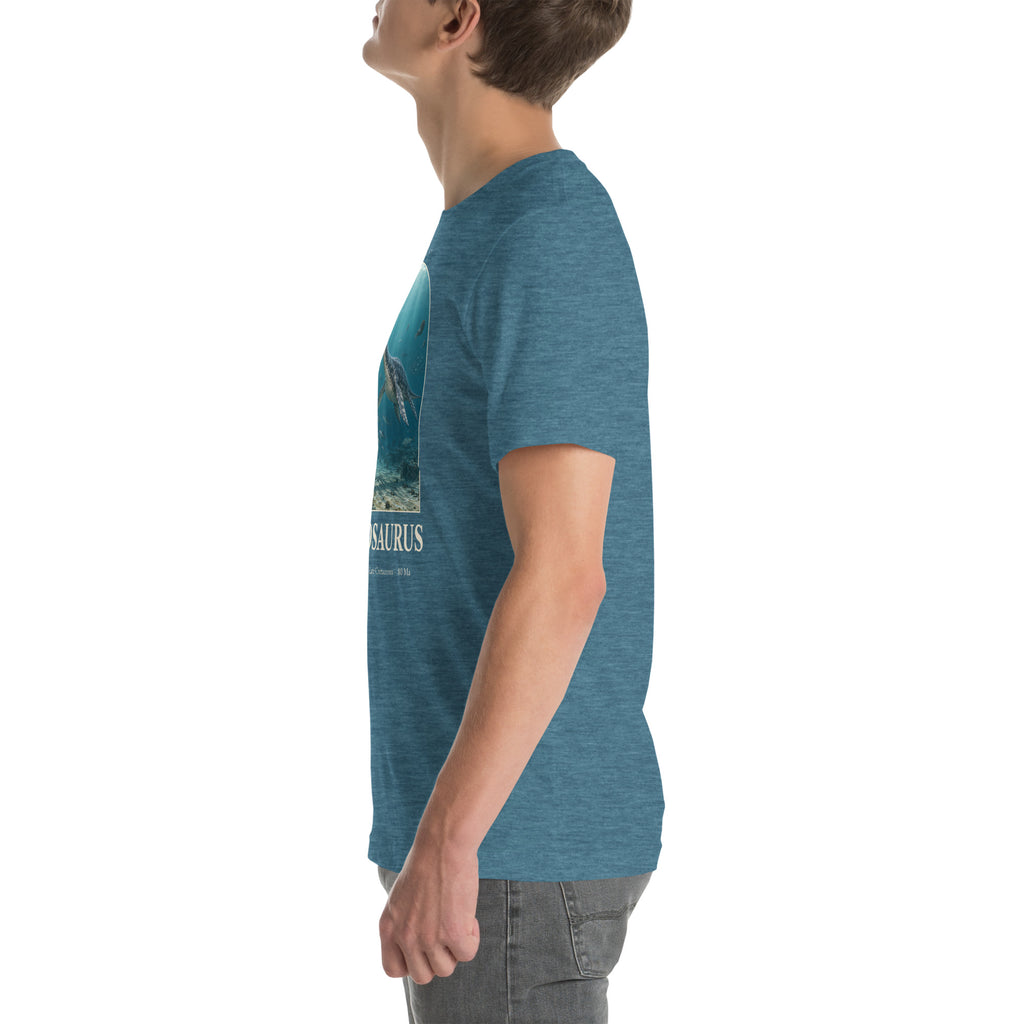 Elasmosaurus T-shirt in Heather Deep Teal, left view — Deep Time Atlas Plate 107, PaleoThreads