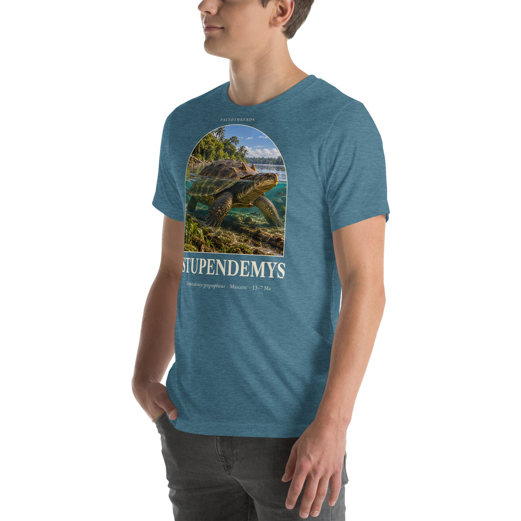 Stupendemys T-shirt in Heather Deep Teal, left front view — Deep Time Atlas Plate 132, PaleoThreads