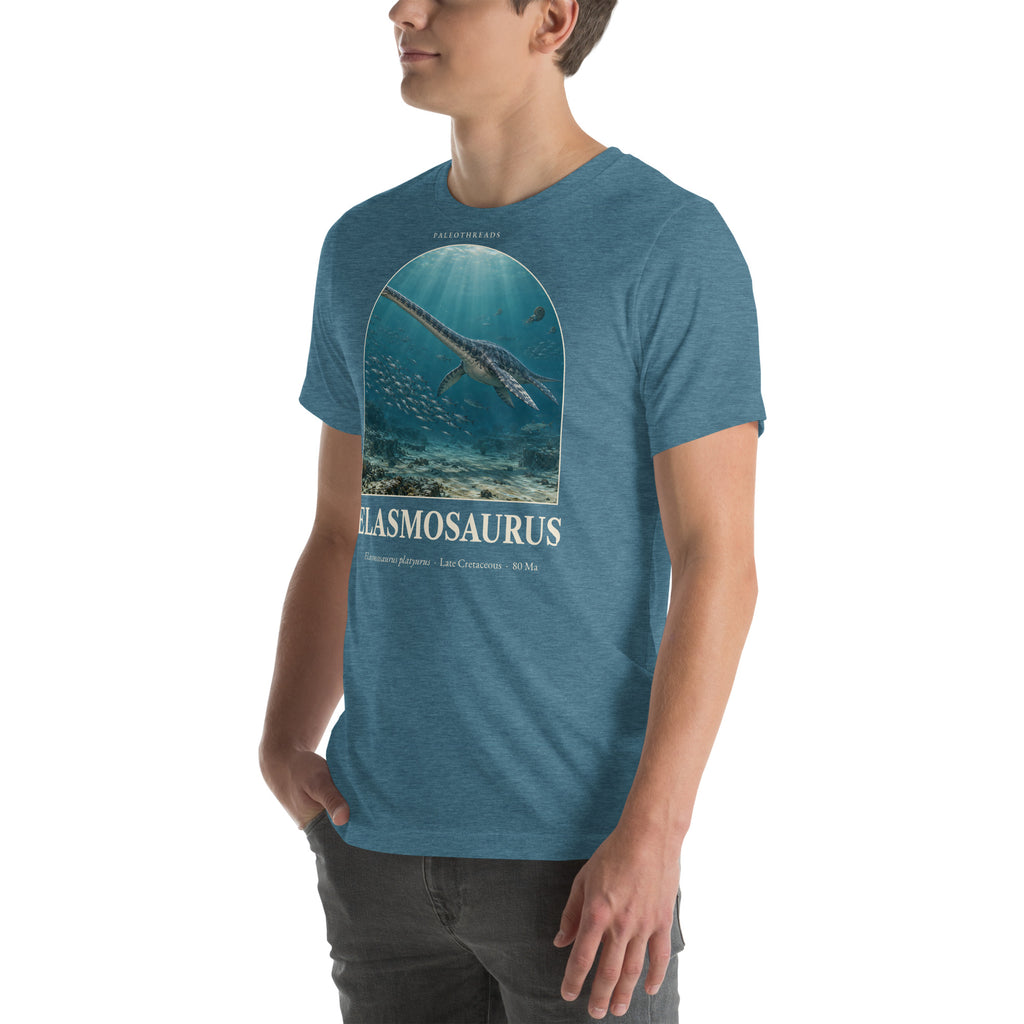Elasmosaurus T-shirt in Heather Deep Teal, left front view — Deep Time Atlas Plate 107, PaleoThreads
