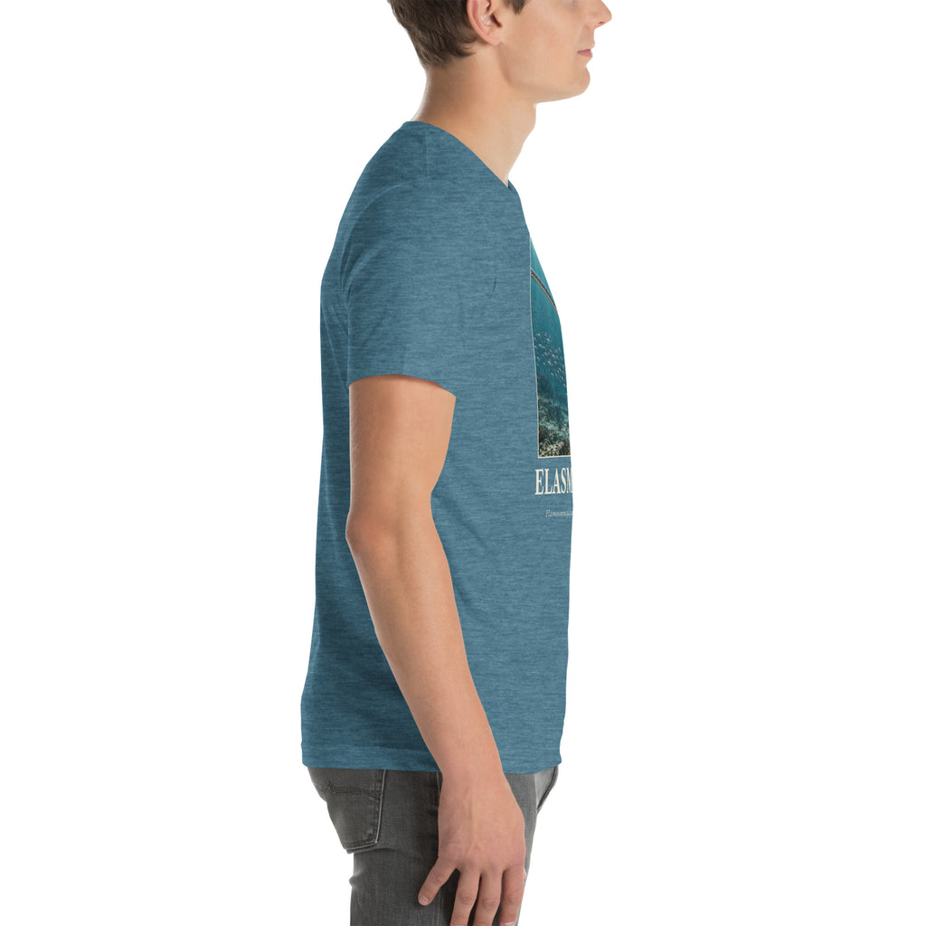 Elasmosaurus T-shirt in Heather Deep Teal, right view — Deep Time Atlas Plate 107, PaleoThreads