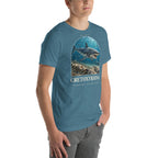 Cretoxyrhina T-shirt in Heather Deep Teal, right front view — Deep Time Atlas Plate 154, PaleoThreads