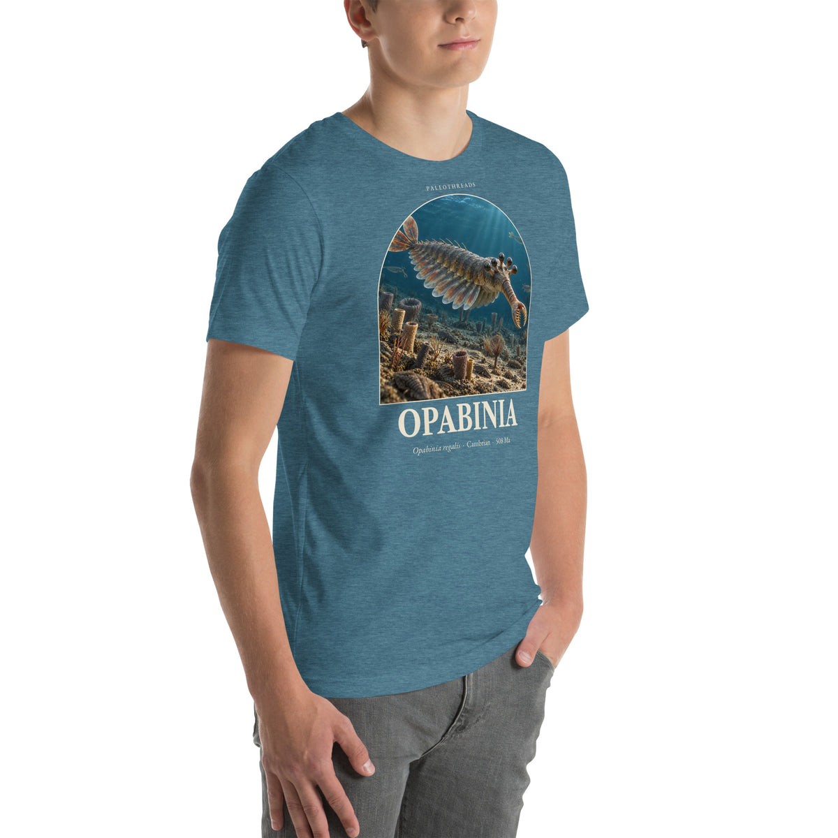 Opabinia T-shirt in Heather Deep Teal, right front view — Deep Time Atlas Plate 139, PaleoThreads
