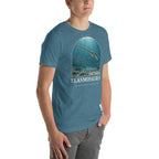 Elasmosaurus T-shirt in Heather Deep Teal, right front view — Deep Time Atlas Plate 107, PaleoThreads