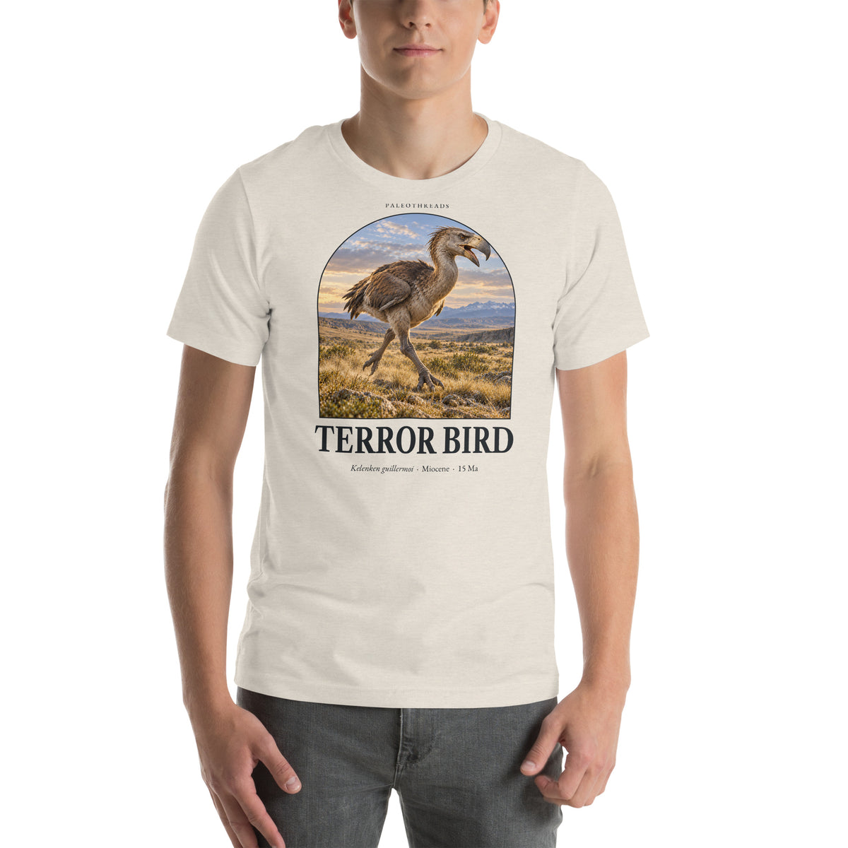 Terror bird T-shirt in Heather Dust — Deep Time Atlas Plate 167, PaleoThreads