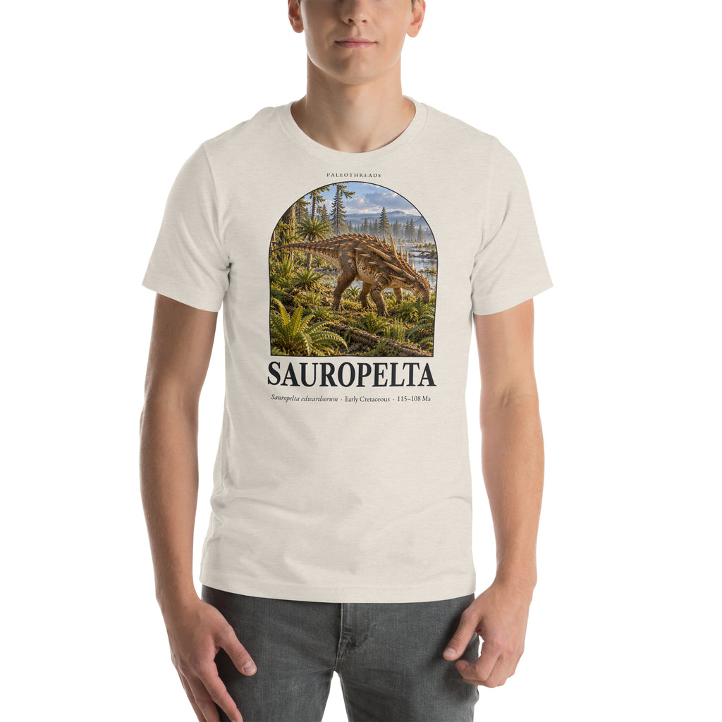 Sauropelta T-shirt in Heather Dust — Deep Time Atlas Plate 086, PaleoThreads