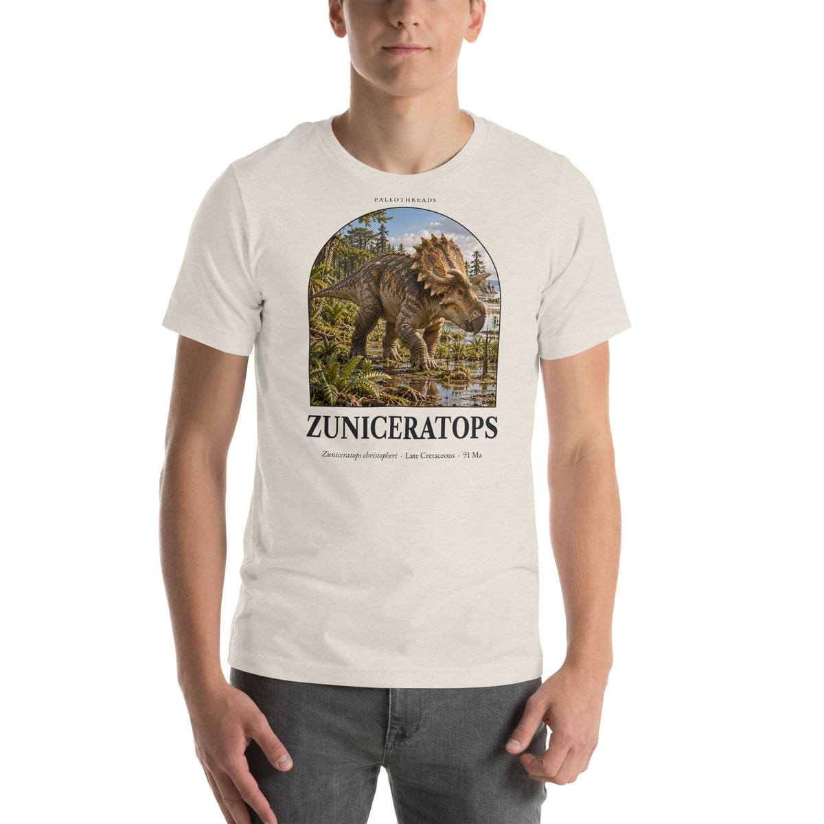 Zuniceratops T-shirt in Heather Dust — Deep Time Atlas Plate 070, PaleoThreads