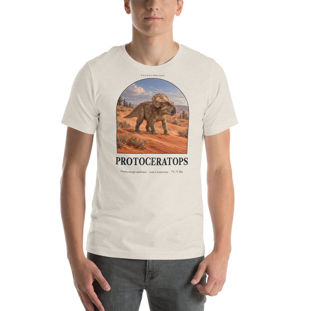 Protoceratops T-shirt in Heather Dust — Deep Time Atlas Plate 060, PaleoThreads