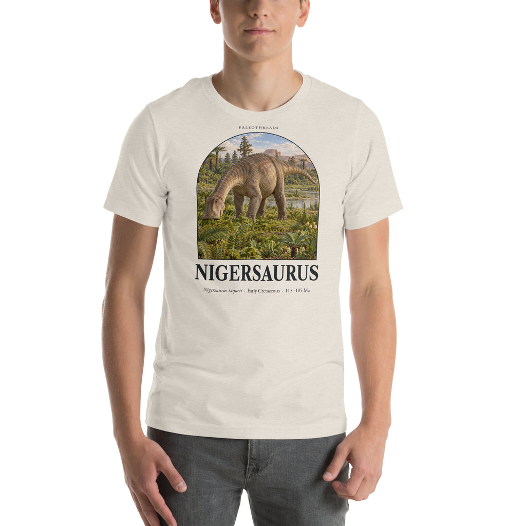 Nigersaurus T-shirt in Heather Dust — Deep Time Atlas Plate 056, PaleoThreads