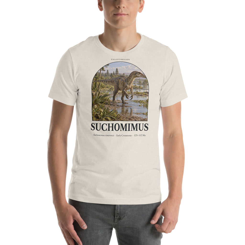 Suchomimus T-shirt in Heather Dust — Deep Time Atlas Plate 032, PaleoThreads