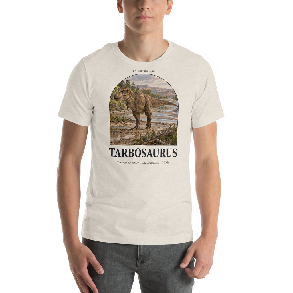 Tarbosaurus T-shirt in Heather Dust — Deep Time Atlas Plate 024, PaleoThreads