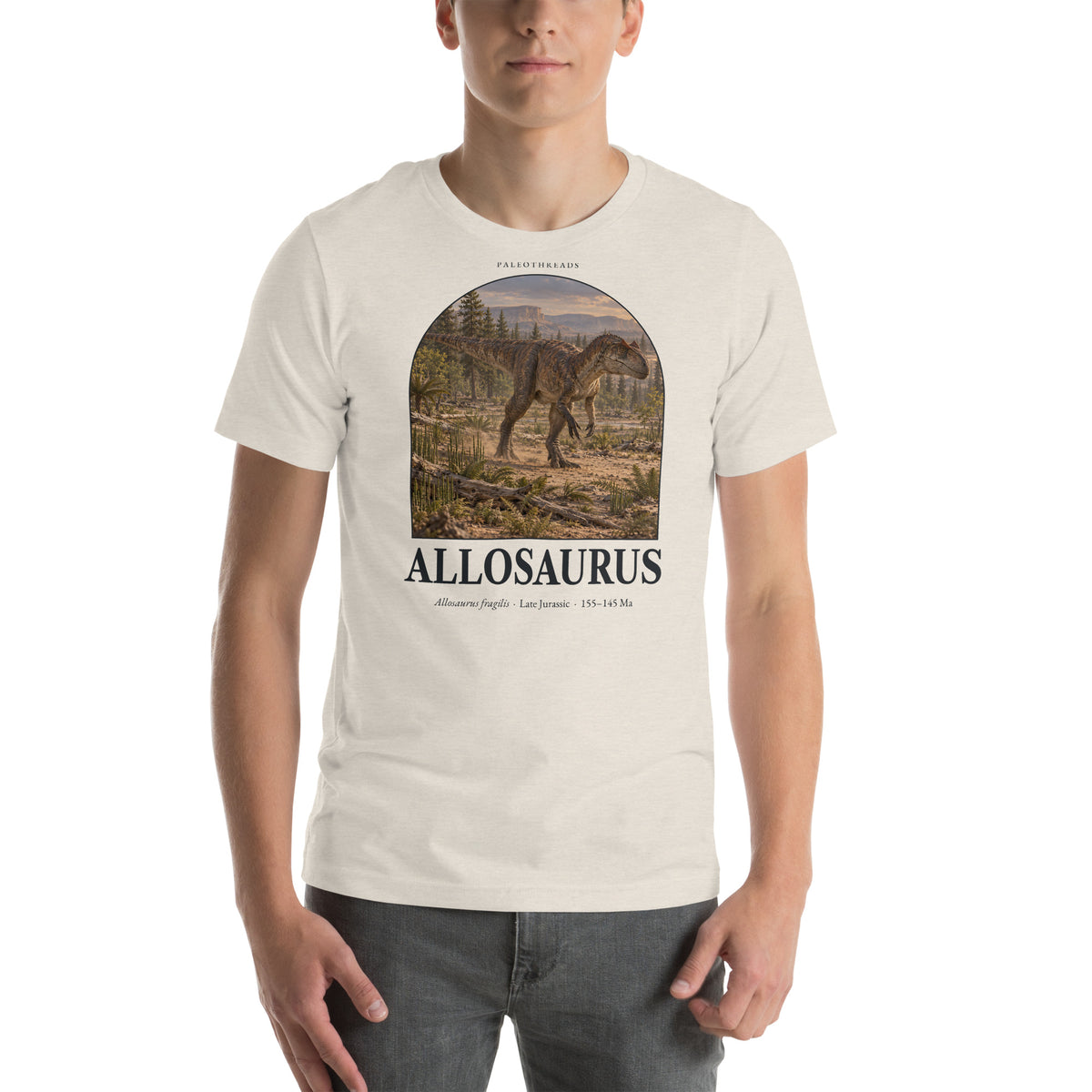 Allosaurus T-shirt in Heather Dust — Deep Time Atlas Plate 011, PaleoThreads