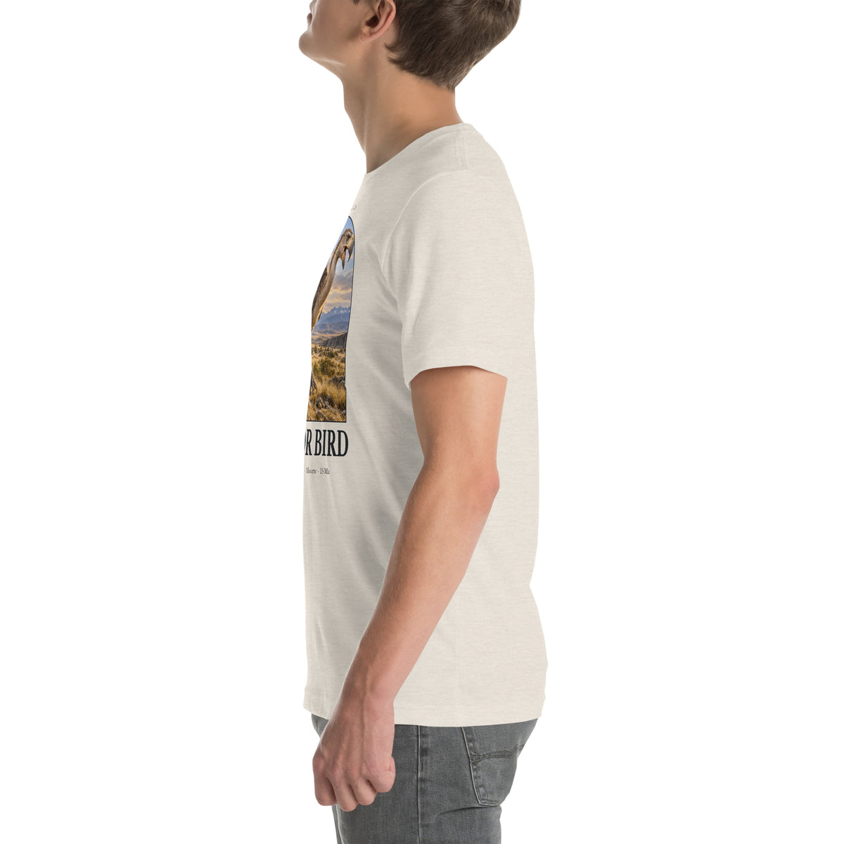 Terror bird T-shirt in Heather Dust, left view — Deep Time Atlas Plate 167, PaleoThreads
