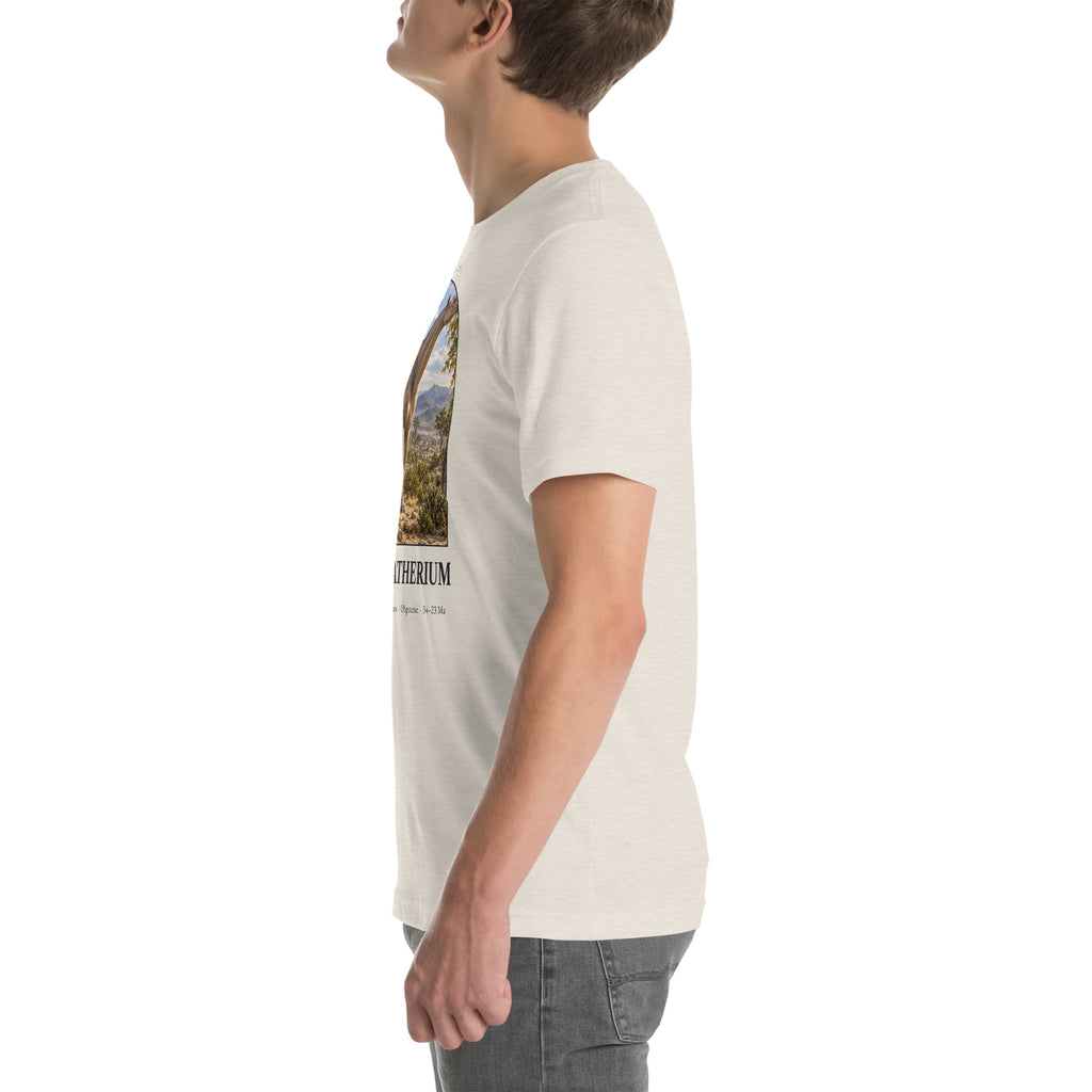 Paraceratherium T-shirt in Heather Dust, left view — Deep Time Atlas Plate 163, PaleoThreads