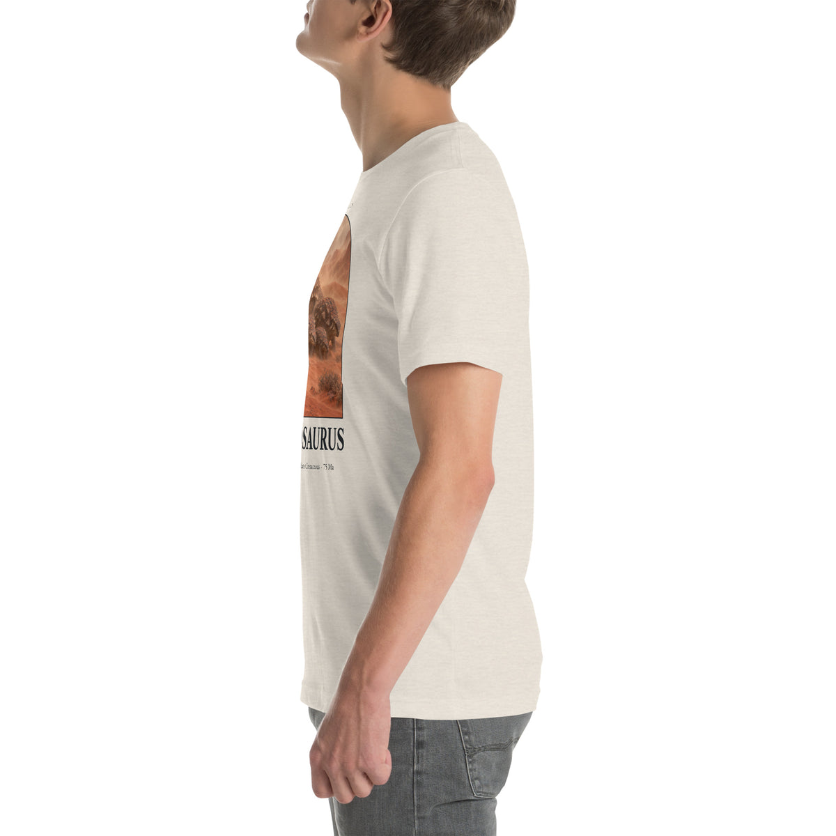 Pinacosaurus T-shirt in Heather Dust, left view — Deep Time Atlas Plate 094, PaleoThreads