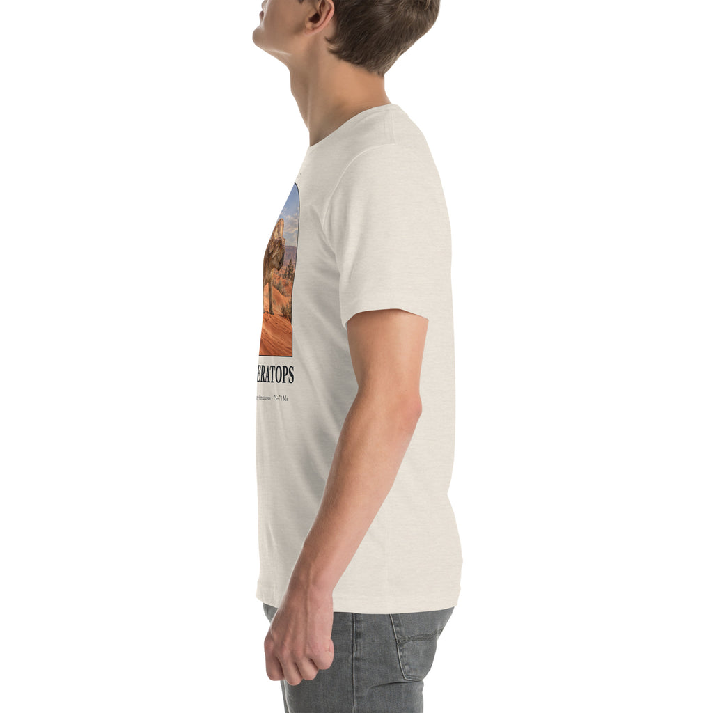 Protoceratops T-shirt in Heather Dust, left view — Deep Time Atlas Plate 060, PaleoThreads