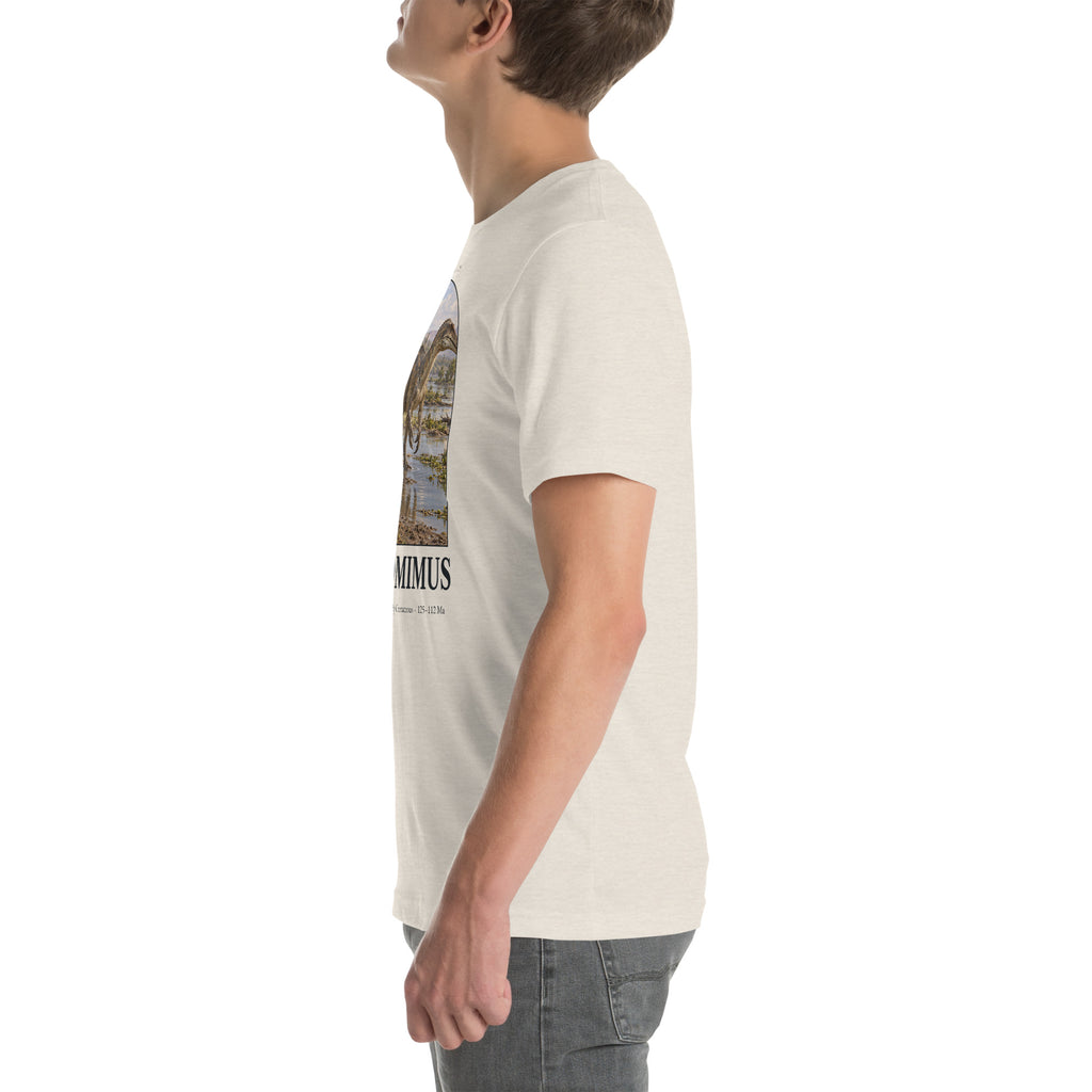 Suchomimus T-shirt in Heather Dust, left view — Deep Time Atlas Plate 032, PaleoThreads