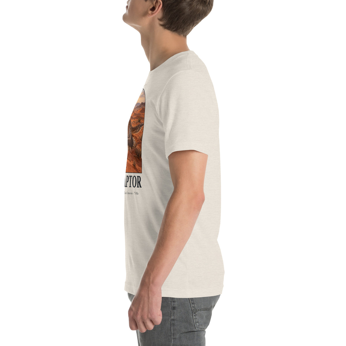 Oviraptor T-shirt in Heather Dust, left view — Deep Time Atlas Plate 028, PaleoThreads
