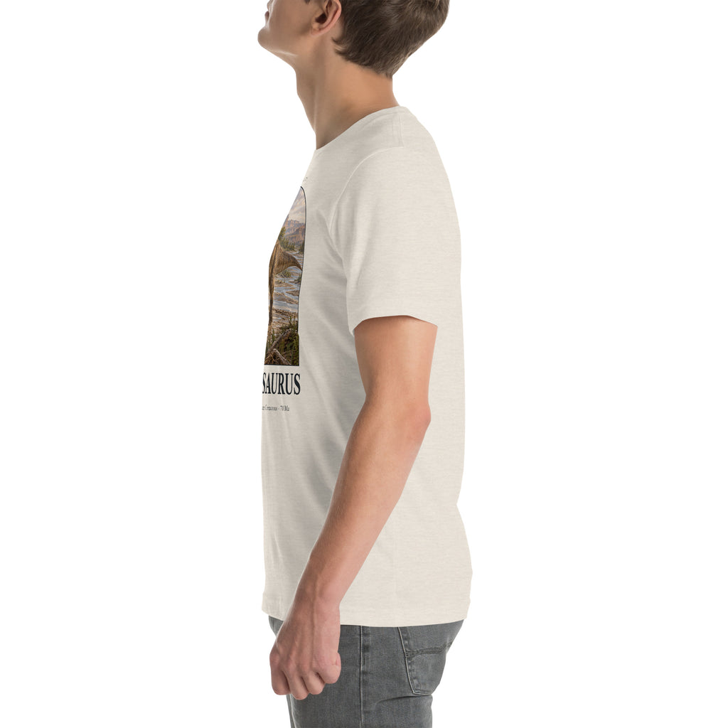 Tarbosaurus T-shirt in Heather Dust, left view — Deep Time Atlas Plate 024, PaleoThreads