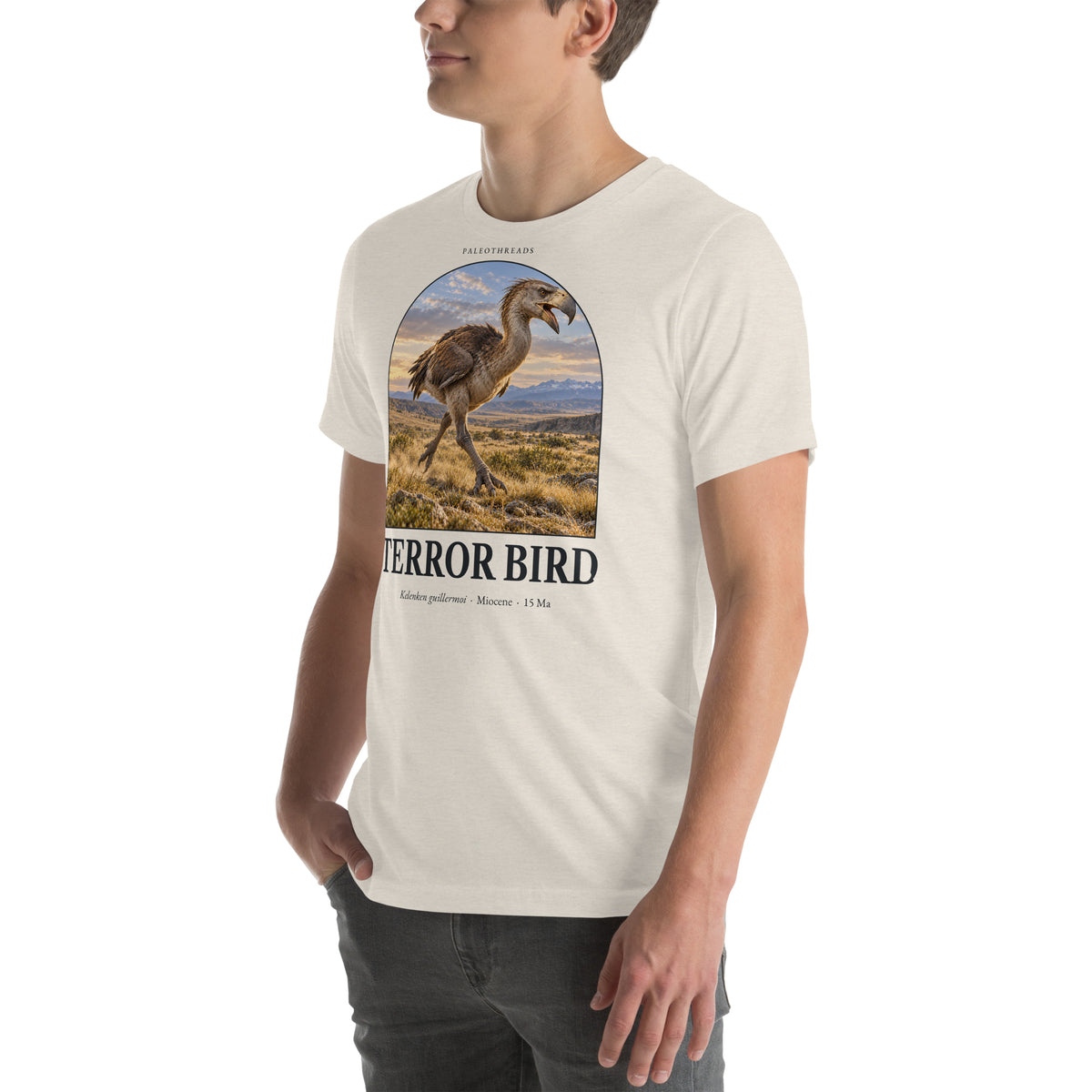 Terror bird T-shirt in Heather Dust, left front view — Deep Time Atlas Plate 167, PaleoThreads