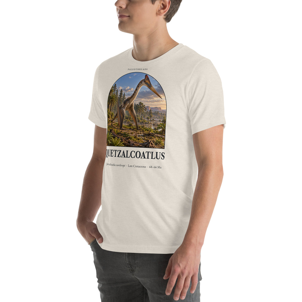 Quetzalcoatlus T-shirt in Heather Dust, left front view — Deep Time Atlas Plate 096, PaleoThreads