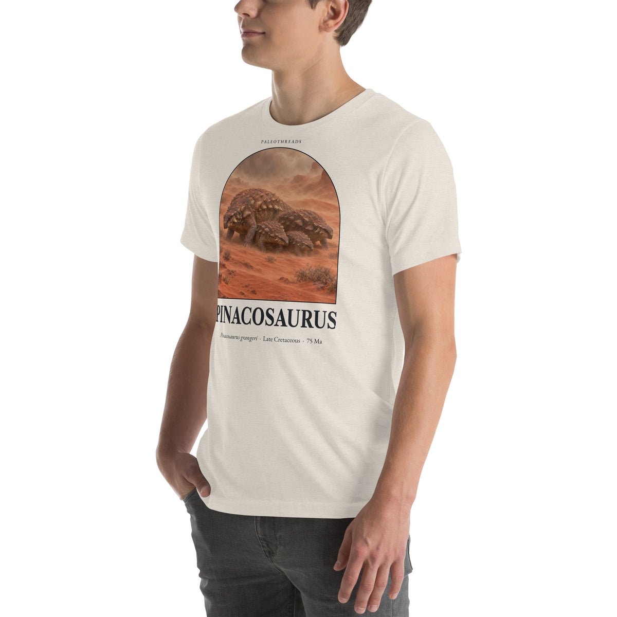 Pinacosaurus T-shirt in Heather Dust, left front view — Deep Time Atlas Plate 094, PaleoThreads
