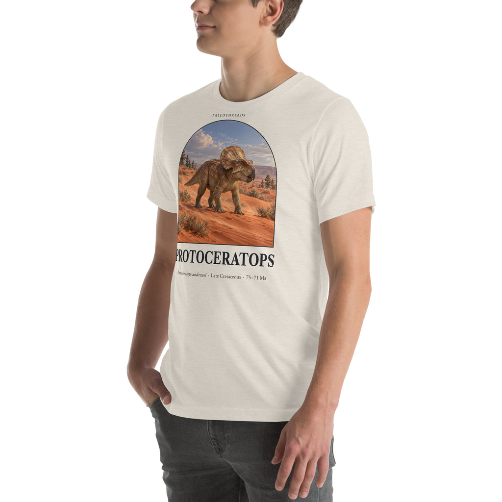 Protoceratops T-shirt in Heather Dust, left front view — Deep Time Atlas Plate 060, PaleoThreads