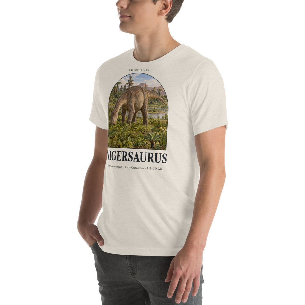 Nigersaurus T-shirt in Heather Dust, left front view — Deep Time Atlas Plate 056, PaleoThreads