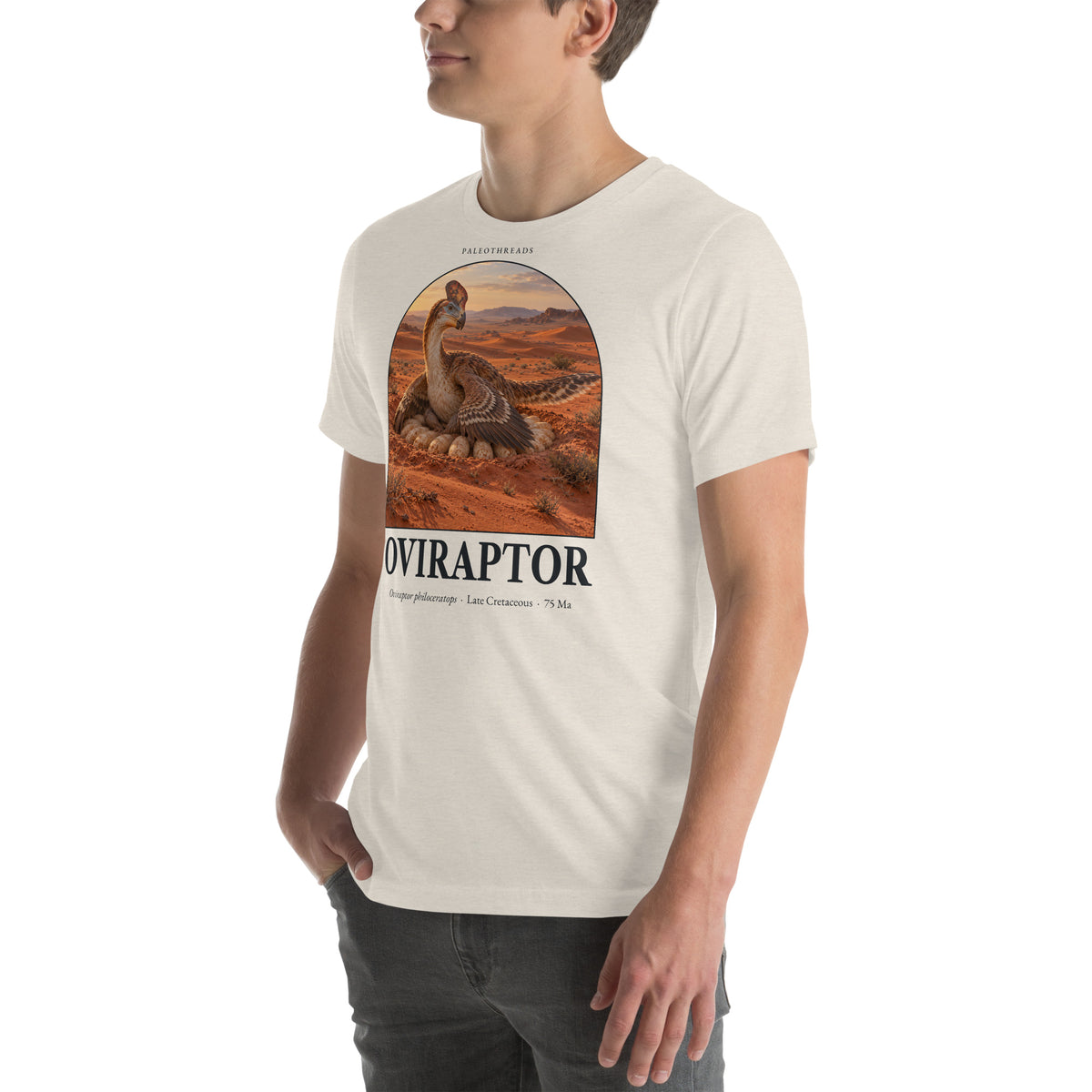 Oviraptor T-shirt in Heather Dust, left front view — Deep Time Atlas Plate 028, PaleoThreads