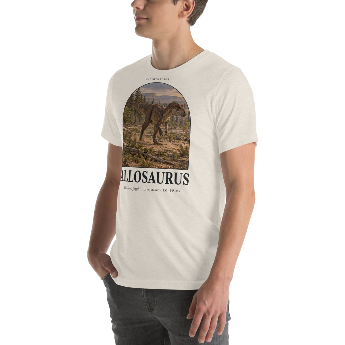 Allosaurus T-shirt in Heather Dust, left front view — Deep Time Atlas Plate 011, PaleoThreads