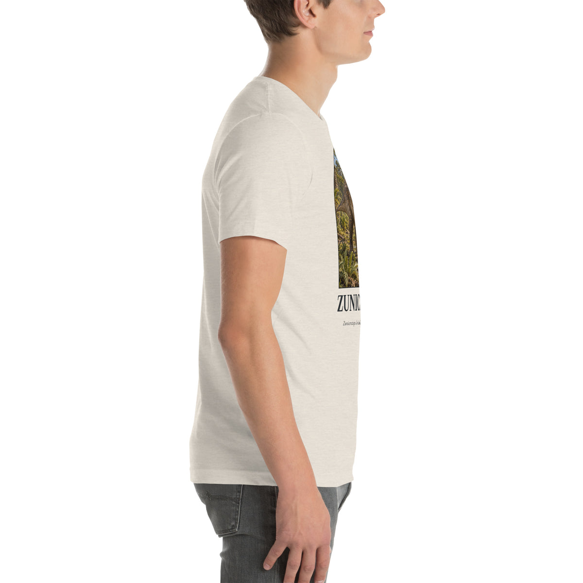 Zuniceratops T-shirt in Heather Dust, right view — Deep Time Atlas Plate 070, PaleoThreads