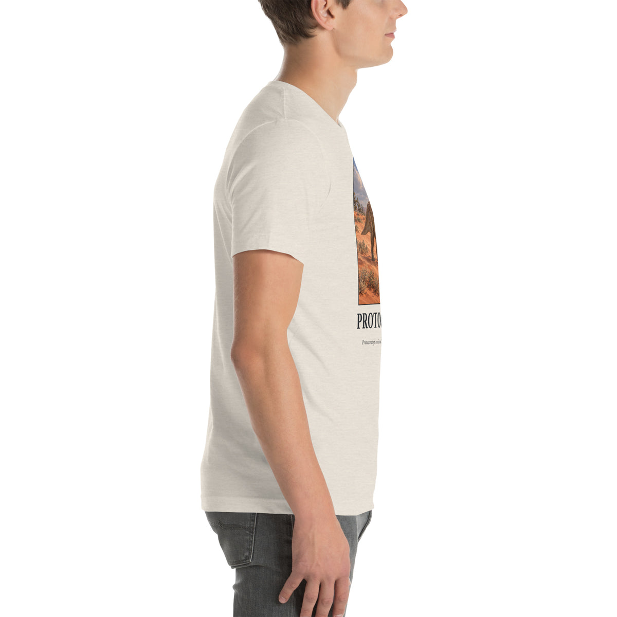 Protoceratops T-shirt in Heather Dust, right view — Deep Time Atlas Plate 060, PaleoThreads