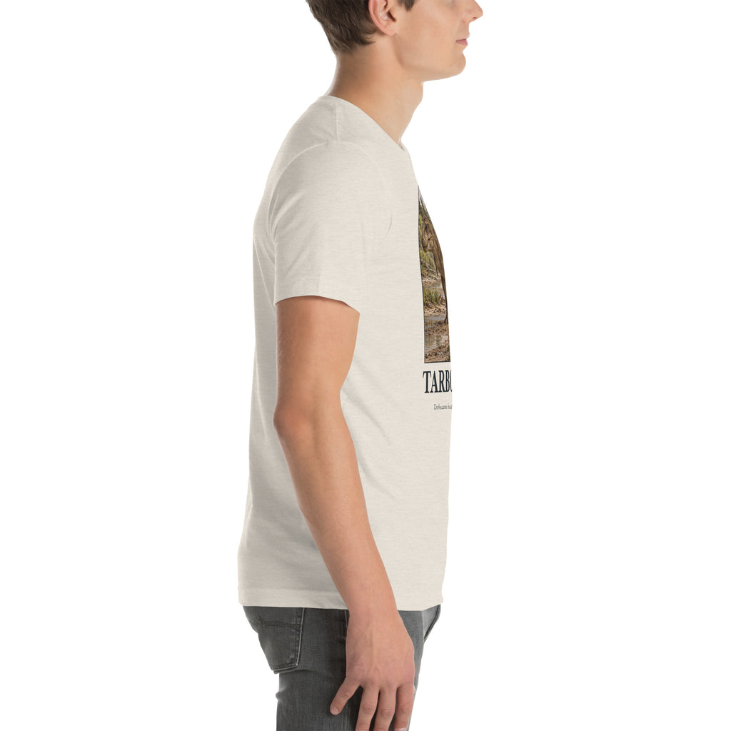 Tarbosaurus T-shirt in Heather Dust, right view — Deep Time Atlas Plate 024, PaleoThreads