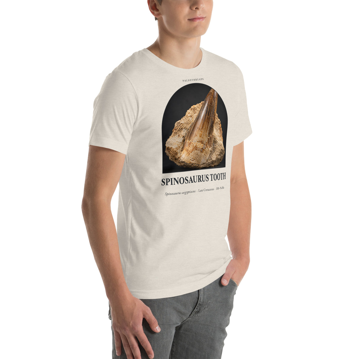 Spinosaurus tooth specimen T-shirt in Heather Dust, right front view — Deep Time Atlas Plate 174, PaleoThreads