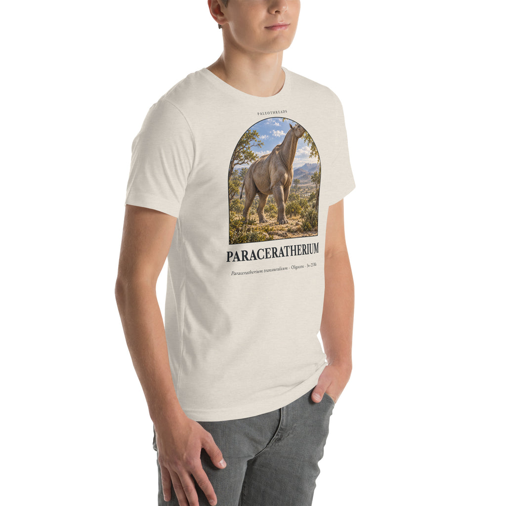 Paraceratherium T-shirt in Heather Dust, right front view — Deep Time Atlas Plate 163, PaleoThreads