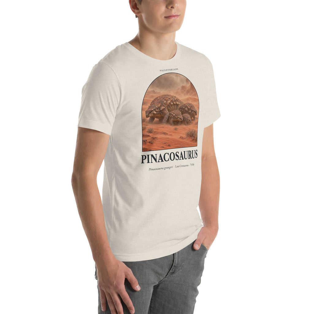 Pinacosaurus T-shirt in Heather Dust, right front view — Deep Time Atlas Plate 094, PaleoThreads