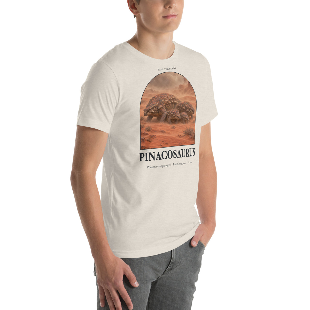 Pinacosaurus T-shirt in Heather Dust, right front view — Deep Time Atlas Plate 094, PaleoThreads