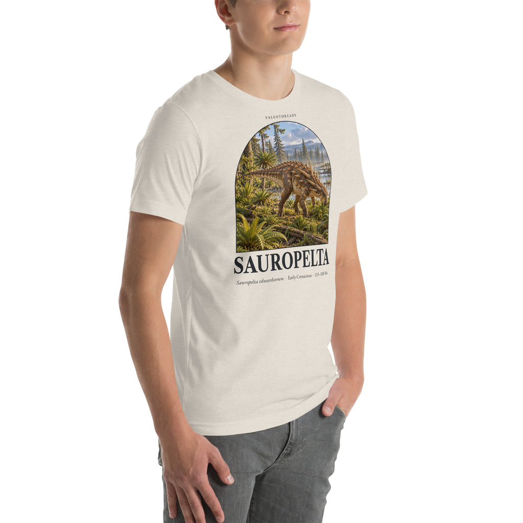 Sauropelta T-shirt in Heather Dust, right front view — Deep Time Atlas Plate 086, PaleoThreads
