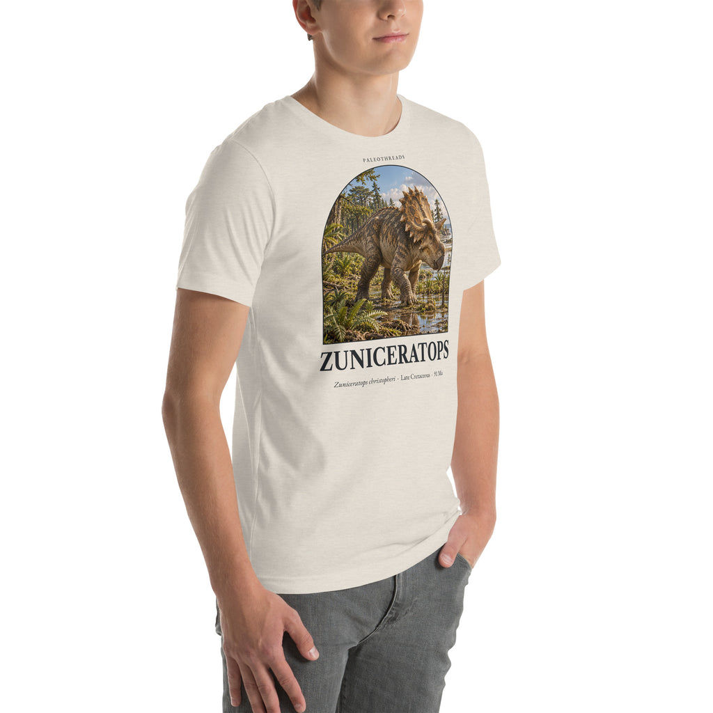 Zuniceratops T-shirt in Heather Dust, right front view — Deep Time Atlas Plate 070, PaleoThreads