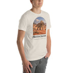 Protoceratops T-shirt in Heather Dust, right front view — Deep Time Atlas Plate 060, PaleoThreads